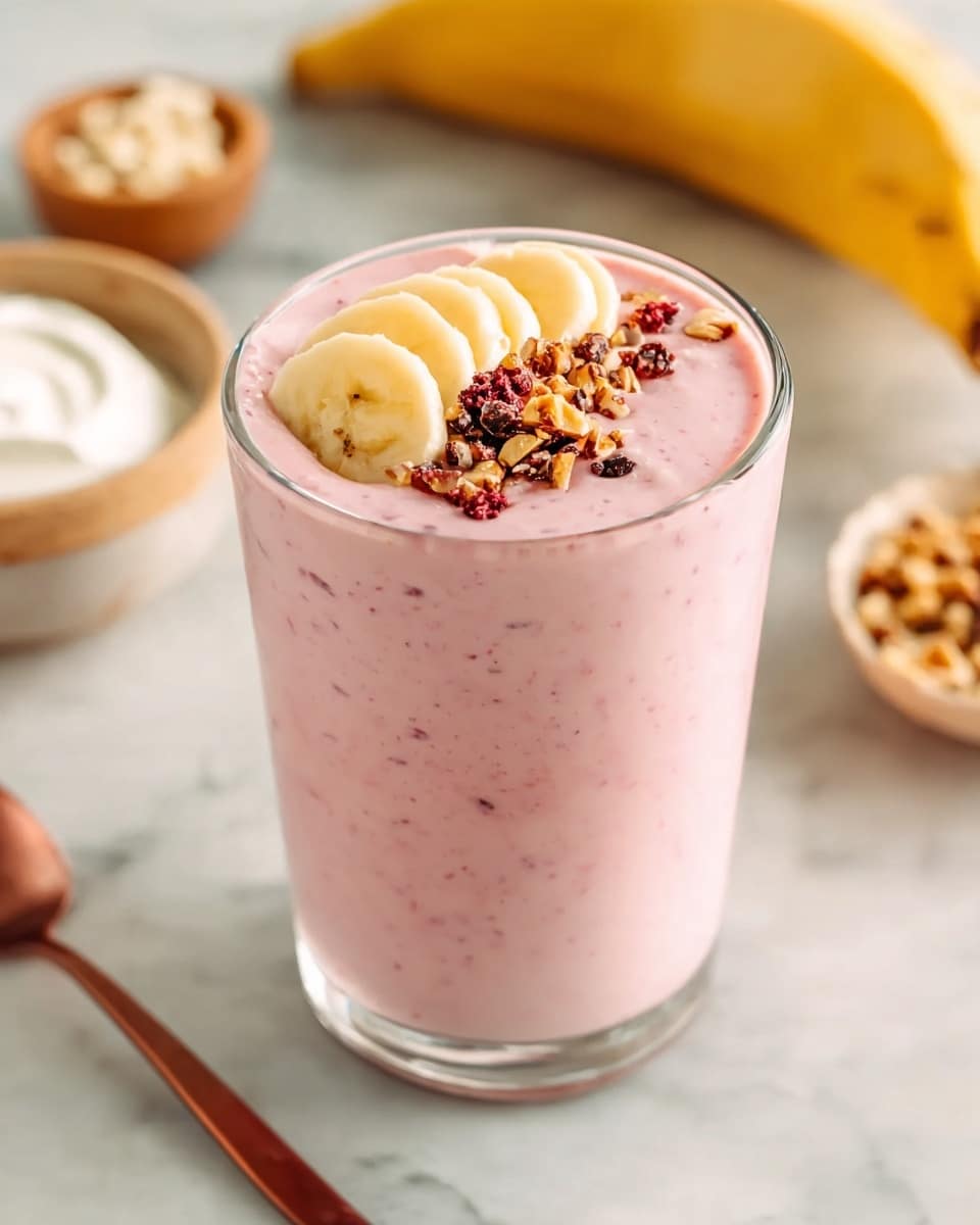 A clear glass filled with a thick, pink smoothie showing some small darker pink spots, topped with three pale yellow banana slices arranged in a row on one side and a small heap of chopped light brown nuts and dark brown bits placed next to them. The glass sits on a white marbled surface with a blurred background containing a small bowl of white cream, a bowl of more chopped nuts, a yellow banana, and a copper-colored spoon lying in the lower left corner. Photo taken with an iphone --ar 4:5 --v 7