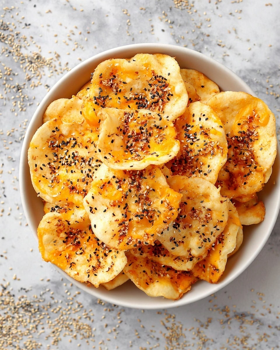 A white bowl filled with round, light golden chips that have a slightly rough texture. Each chip has uneven edges and is topped with melted orange cheese, sprinkled with small black and white seeds scattered unevenly. The bowl sits on a white marbled surface with scattered seeds around it, adding a casual touch. photo taken with an iphone --ar 4:5 --v 7