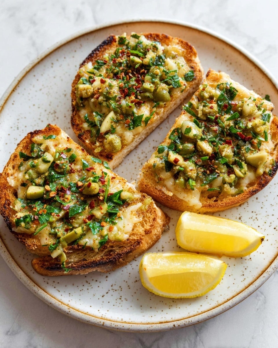 The image shows three toasted bread slices arranged on a white plate with a subtle speckled pattern and a thin brown ring near the edge. Each toast has a base layer of melted cheese with a slightly golden crust, topped with a chunky mixture of chopped green olives, fresh green herbs, and red chili flakes scattered on top. The bread has a crisp texture with some browning on the edges. Two lemon wedges with bright yellow skin and white flesh rest on the plate's side, adding a fresh color contrast. The plate is set on a white marbled surface. Photo taken with an iphone --ar 4:5 --v 7