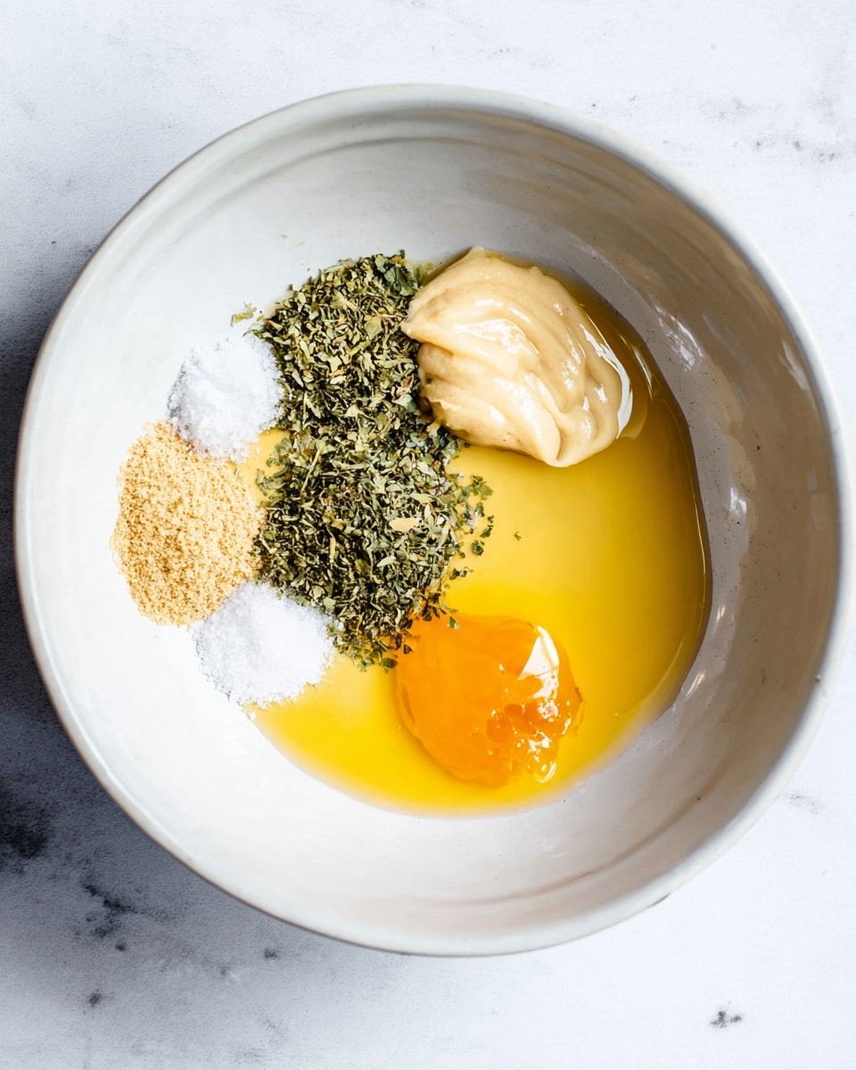 A white bowl on a white marbled surface holds six distinct ingredients, each in separate small clusters. On the left bottom side, there is a small pile of fine white salt and next to it a light brown powder. Above these, there is a heap of dried green herbs, rough in texture. Covering most of the bowl’s middle and left section, a pool of golden yellow oil spreads out with a smooth, shiny surface. On the right side, two dollops of creamy light beige mustard sit close together, topped by a smaller pool of bright orange honey with a slightly thick texture. photo taken with an iphone --ar 4:5 --v 7