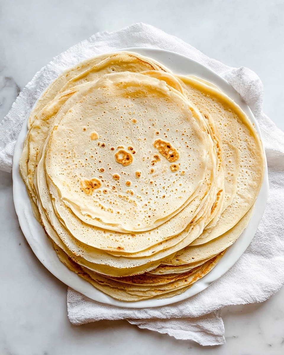 A stack of thin crepes is spread out on a large white plate over a white cloth, all placed on a white marbled surface. There are about nine crepes visible, each one light golden brown with slight variations in color and texture; some have small holes and darker spots, while others look smooth and soft. The crepes overlap, showing their round edges, and the top one has faint circular patterns with a few golden-brown patches. The whole scene is bright and clean, highlighting the delicate thinness and smooth texture of the crepes. photo taken with an iphone --ar 4:5 --v 7