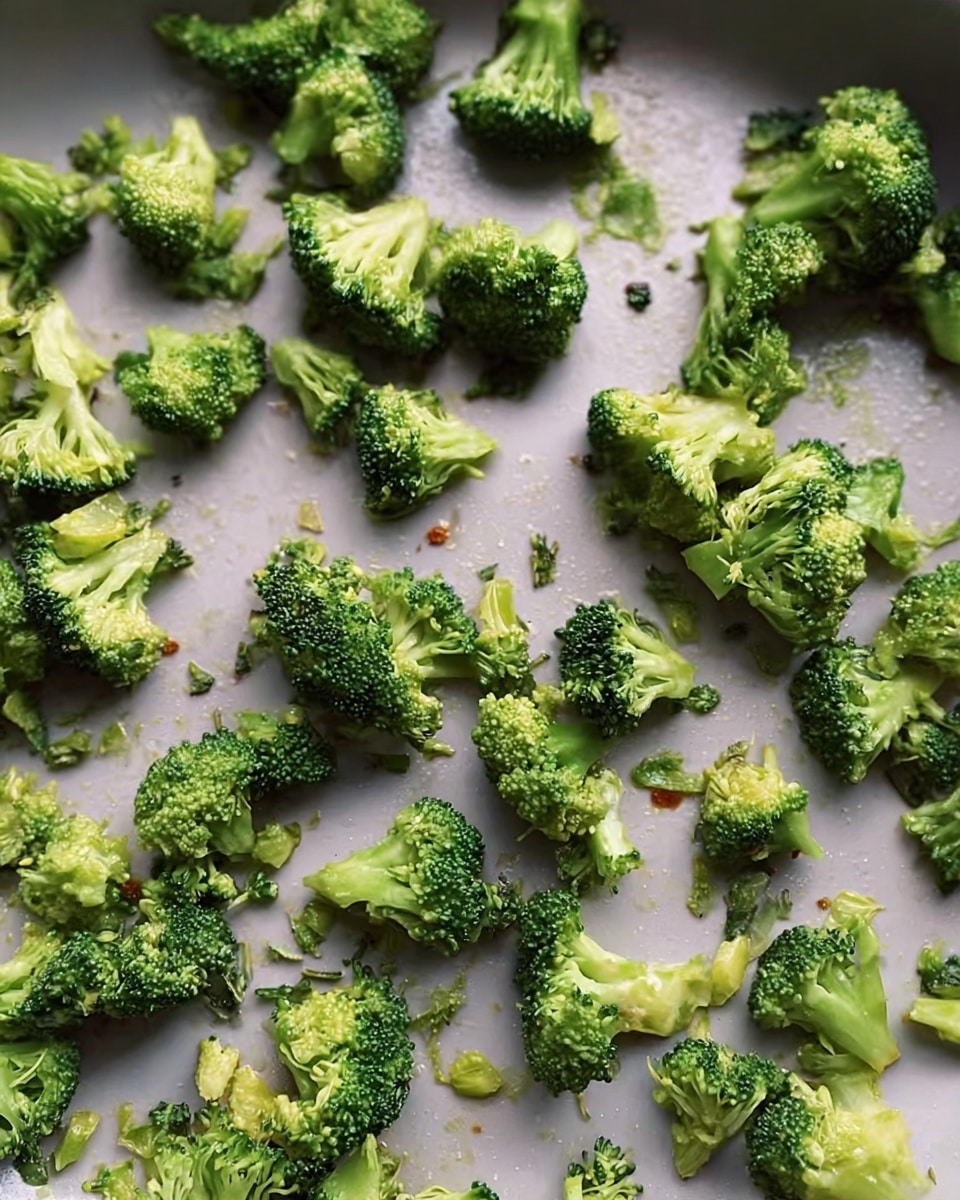 A single layer of small, green broccoli pieces spread across the bottom of a light grey pan. The broccoli pieces vary in size and show some light browning, with small bits scattered unevenly around. The background is a white marbled texture. Photo taken with an iphone --ar 4:5 --v 7