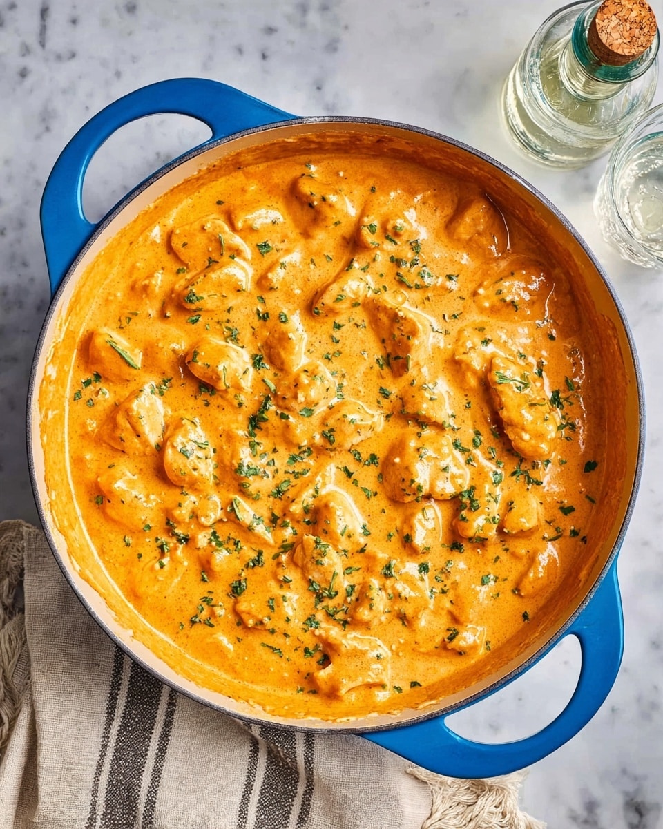 A blue pan filled with an orange creamy sauce with smooth and thick texture, mixed with small pieces of light-colored chicken evenly spread throughout. The sauce has a shiny look and is sprinkled with finely chopped green herbs for contrast. The pan sits on a white marbled surface, alongside a light beige cloth with dark stripes and a clear bottle with a cork on the right side. photo taken with an iphone --ar 4:5 --v 7