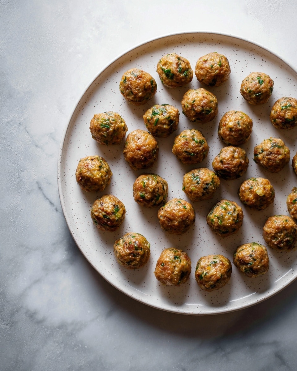 A white round plate with small speckles holds 19 medium-sized meatballs arranged in concentric circles, each meatball is golden brown with green herb bits visible, with a slightly shiny, textured surface showing ingredients mixed inside. The plate sits on a white marbled surface. photo taken with an iphone --ar 4:5 --v 7