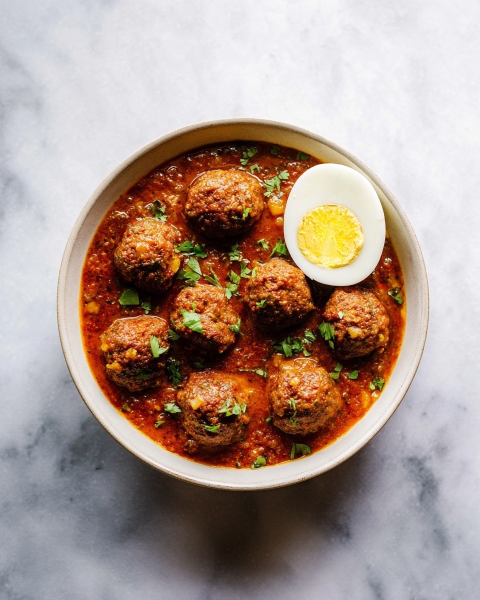 The image shows a round white bowl filled with a thick red-brown sauce with visible small bits of vegetables and herbs. On top of the sauce are eight evenly spaced round meatballs with a slightly rough texture and brown color. To the right side inside the bowl is half of a hard-boiled egg, showing its pale white outside and yellow yolk inside. Small pieces of chopped green herbs are sprinkled over the meatballs and sauce. The bowl is placed on a white marbled surface. Photo taken with an iphone --ar 4:5 --v 7