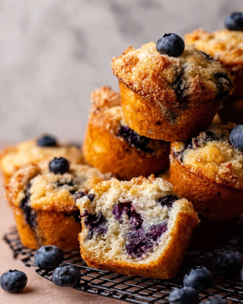 A close-up view of a stack of blueberry muffins, each muffin has a golden brown top with a crumbly texture and visible blueberries inside. One muffin in the middle is slightly pulled apart to show its soft, light beige inside filled with many small, dark purple blueberries. Some muffins have a fresh blueberry placed on top. The muffins sit on a black wire rack with a few scattered blueberries around. The background is a smooth, white marbled texture. photo taken with an iphone --ar 4:5 --v 7