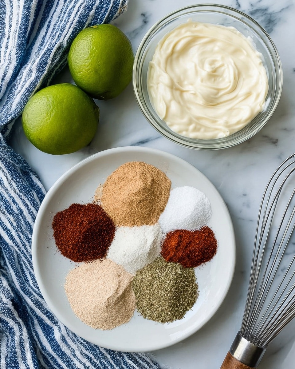 The image shows a white plate with seven different piles of spices arranged around in a circle pattern. The spices have colors like light beige, dark brown, reddish-brown, greenish-brown, and white, each with a powdery texture and clearly separated. Above the plate, there are two clear glass bowls: one filled with a creamy white substance with a smooth texture and another with a pale yellow creamy mix that looks soft. To the left, two fresh green limes with smooth skin sit on a white marbled surface. In the top-left corner, a blue and white striped cloth is partially visible. On the right bottom corner, a metal whisk rests on the white marbled surface. Photo taken with an iphone --ar 4:5 --v 7