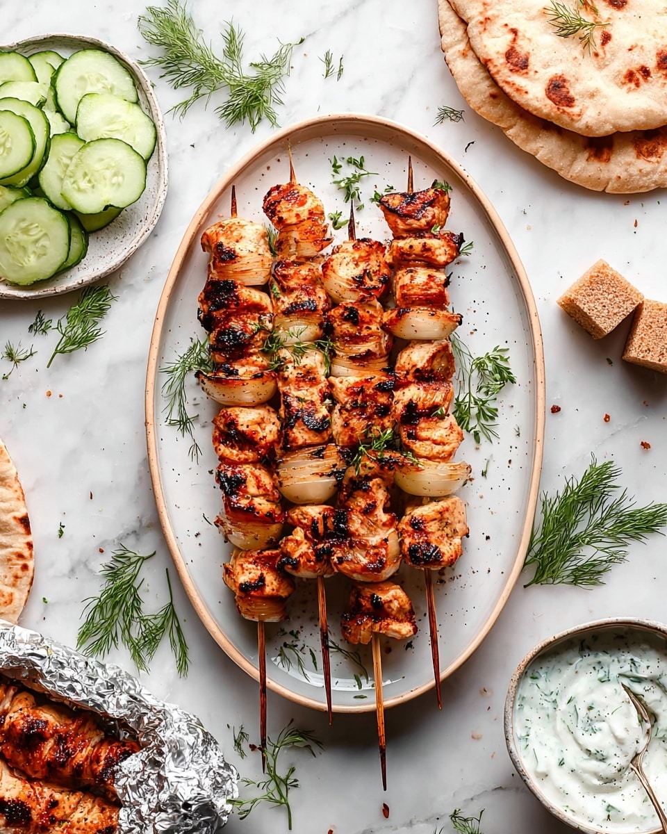 Five skewers of grilled chicken and onions with golden brown grill marks lie stacked in the center of a white oval plate with a thin beige rim, garnished with small green herb leaves. To the top right, one skewer rests on the white marbled surface next to a light brown spice cube. To the left, several cucumber slices and two pieces of brown flatbread sit on the white marbled surface. Below, partially wrapped in crinkled foil, is another skewer showing charred edges. At the bottom right is a small white bowl filled with white yogurt sauce spiked with green herbs, with a spoon beside it on the white marbled surface. Sprigs of fresh dill and small leaves are scattered across the scene. Photo taken with an iphone --ar 4:5 --v 7
