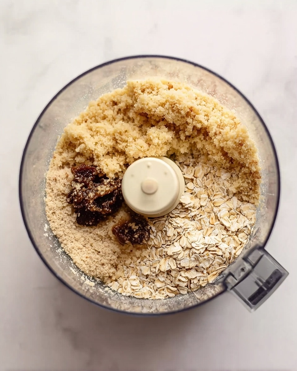 A top-down view inside a clear food processor bowl shows three main layers. On the right side, there is a layer of light beige rolled oats with a dry, flat texture. To the left, a crumbly mixture with a pale yellow color looks soft and grainy. Below and slightly to the left, a small dark brown sticky lump with a glossy surface sits underneath some of the crumbly mixture. The food processor bowl sits on a white marbled surface. photo taken with an iphone --ar 4:5 --v 7