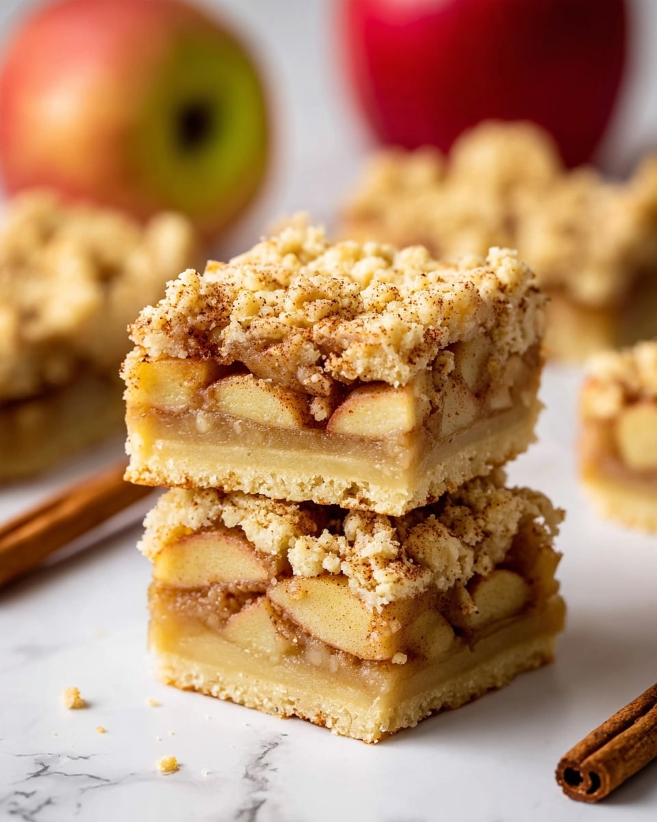 The image shows two square apple crumble bars stacked on top of each other, placed on a white marbled surface. Each bar has three layers: the bottom layer is a light golden crust, the middle layer contains slices of apple mixed with cinnamon and sugar, showing soft, slightly brownish apple pieces with visible cinnamon specks, and the top layer is a crumbly, textured streusel with a pale golden color and bits of oat or crumb. In the background, more apple bars are slightly out of focus, along with red apples and a cinnamon stick. The lighting is bright, highlighting the textures and colors of the bars. photo taken with an iphone --ar 4:5 --v 7