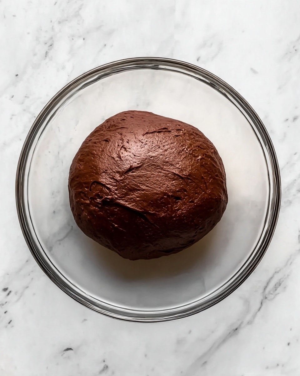 A smooth, round ball of dark brown dough sits in the middle of a clear glass bowl. The dough's surface looks soft and slightly shiny, showing a few gentle creases and folds. The bowl rests on a white marbled surface, which brightens the overall look. There are no other items around, keeping all focus on the dough and its rich, chocolatey color. photo taken with an iphone --ar 4:5 --v 7