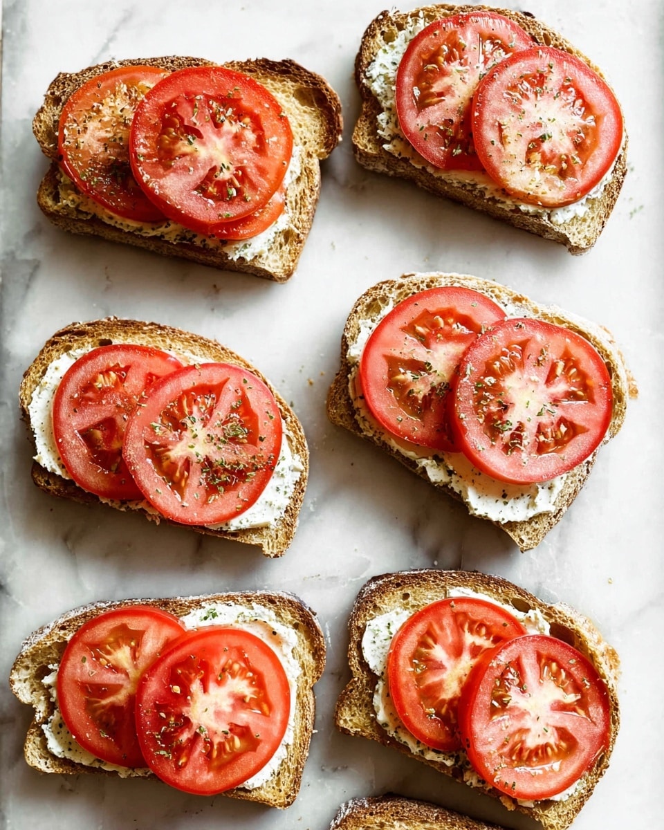 The image shows six open-faced sandwiches arranged on a white marbled surface. Each sandwich has two layers: the base is a slice of toasted brown bread with a rough, uneven crust, and the top layer consists of one or two bright red tomato slices placed evenly. Under the tomato slices, there is a creamy white spread with small green herb flecks, visible around the edges. The toasted bread’s texture shows some air pockets and a slight golden brown gradient at the edges. photo taken with an iphone --ar 4:5 --v 7