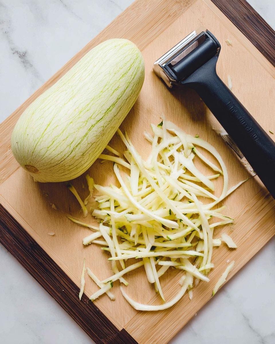 A peeled light green vegetable, possibly a zucchini or cucumber, placed on the left side of a light brown cutting board with dark corner protectors, next to a black peeler lying flat. Thin, long pale yellow strips of the vegetable are scattered near the peeler, showing the peeled texture. The surface beneath the cutting board is a white marbled texture. photo taken with an iphone --ar 4:5 --v 7