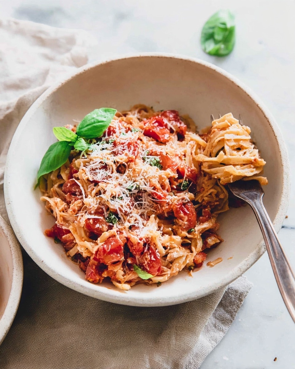 A white bowl holds a serving of pasta mixed with chunky red tomato pieces and light brown sauce, topped with a sprinkle of fine white grated cheese and a single fresh green basil leaf. A fork lifts some twisted noodles from the right side of the bowl. The bowl sits on a beige cloth, all placed on a white marbled surface with soft, natural light. photo taken with an iphone --ar 4:5 --v 7