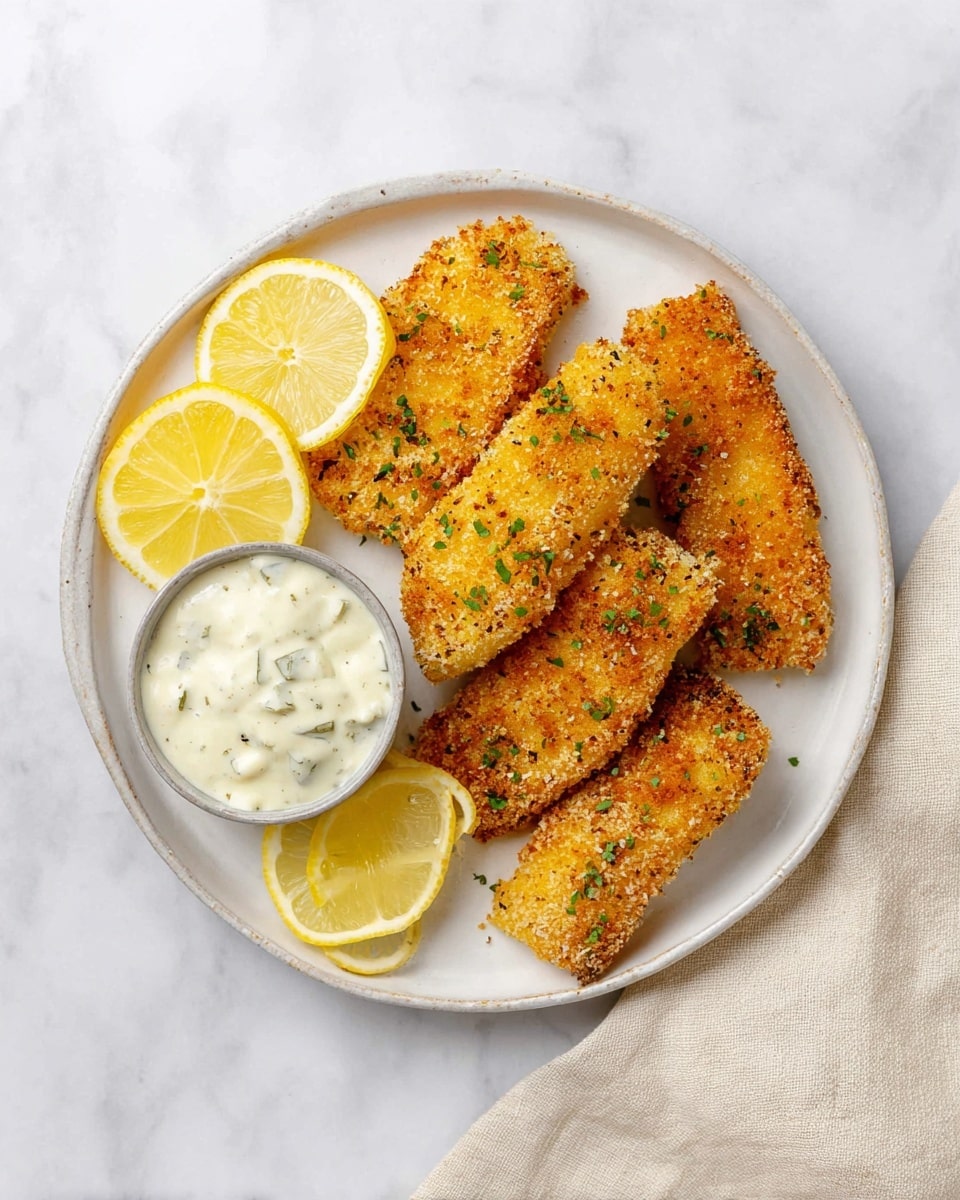 A white plate with five pieces of golden-brown breaded fish fillets arranged in a loose cluster on the right side, each fillet showing a crunchy texture with small green herb bits on top; to the left of the fillets are four lemon wedges, spread in two groups of two, bright yellow with smooth skin; near the lemon wedges is a small round bowl filled with creamy white tartar sauce that has small chunks visible inside; the plate is set on a white marbled surface with a light beige cloth partially visible on the right side, photo taken with an iphone --ar 4:5 --v 7