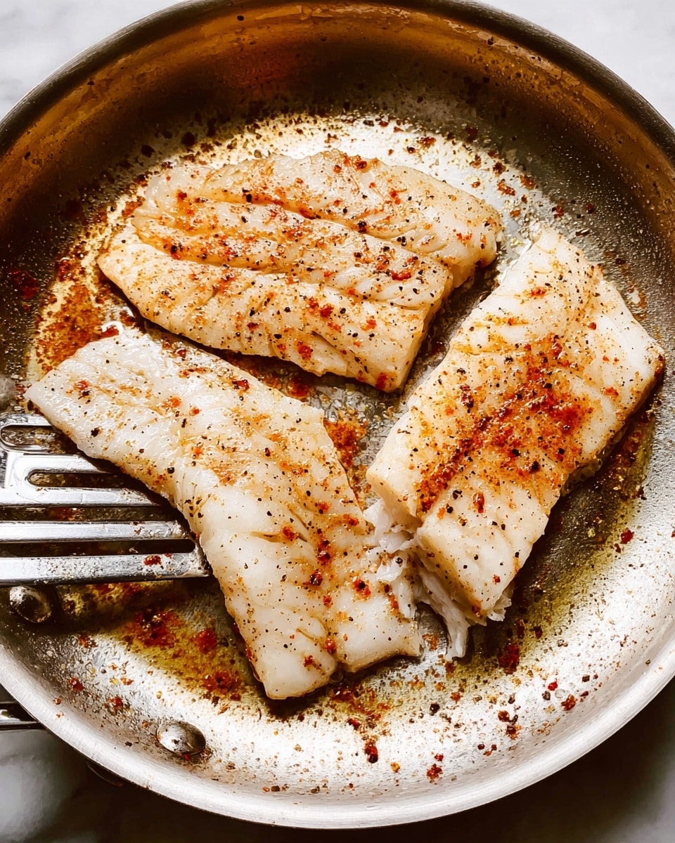 In a shiny silver pan, there are four pieces of light golden fish fillets cooking close to each other. The fish has a thin layer with some light browning spots and a sprinkle of coarse black pepper and reddish-orange seasoning on top. The surface of the fish is smooth with a slight shine from cooking oil, and a metal spatula is gently lifting one piece, showing the fish's soft texture. The pan’s sides and bottom have small spots and oil glistening around the fillets. The background is a white marbled texture. Photo taken with an iphone --ar 4:5 --v 7