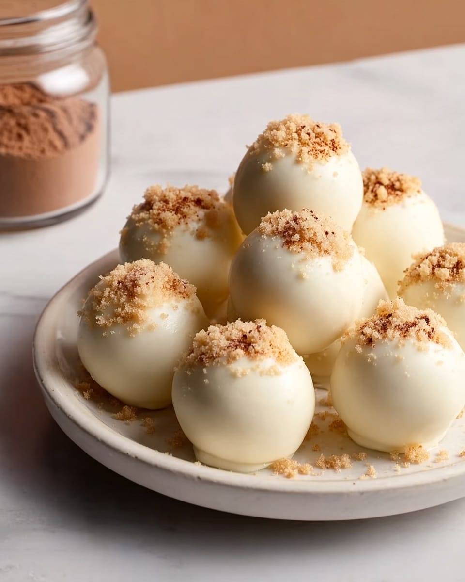 A white plate holds a pile of round, smooth white chocolate balls with a slightly shiny texture. Each ball is topped with small, light brown crumb-like pieces scattered in a small patch on the top center. The background has a soft, warm tone with a jar of brown powder blurred in the distance. The plate is set on a white marbled surface. photo taken with an iphone --ar 4:5 --v 7