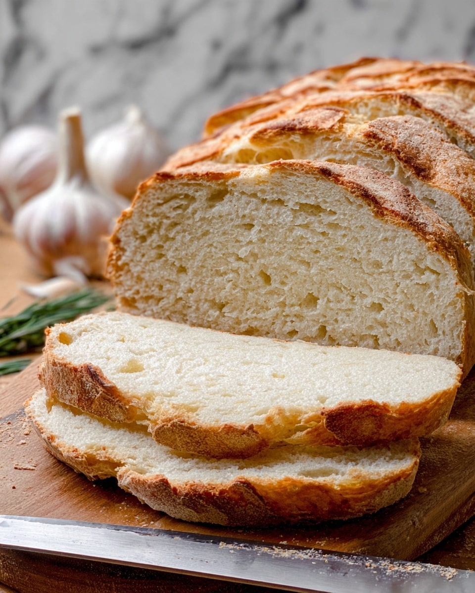 A loaf of sliced bread is shown on a wooden board. The bread has a light golden crust with a soft, pale beige inside. The top layer of the crust appears slightly rough with some darker toasted spots. There are about four slices visible, each with a fluffy texture and a few small holes in the crumb. In the background, there are some garlic cloves and green herbs blurred on a white marbled surface. A knife with a silver blade and black handle rests partially under the bread. Photo taken with an iphone --ar 4:5 --v 7