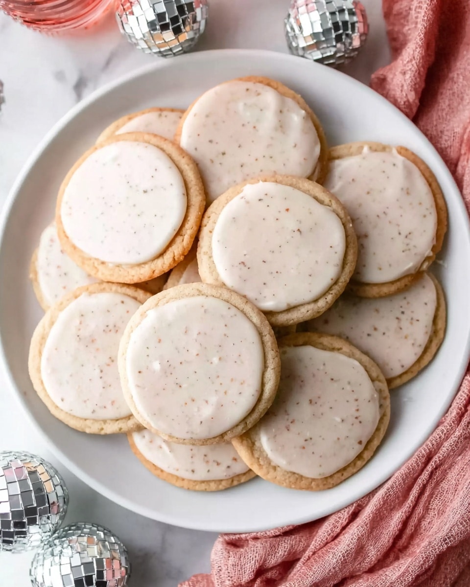 A white plate holds several round cookies, each with a light golden brown base layer topped by a smooth, pale cream-colored icing that has tiny specks sprinkled throughout. The cookies are arranged in a casual pile with some overlapping each other. Around the plate, there are small shiny disco ball ornaments and a piece of soft pink fabric on a white marbled surface. The overall look is soft and inviting. Photo taken with an iphone --ar 4:5 --v 7