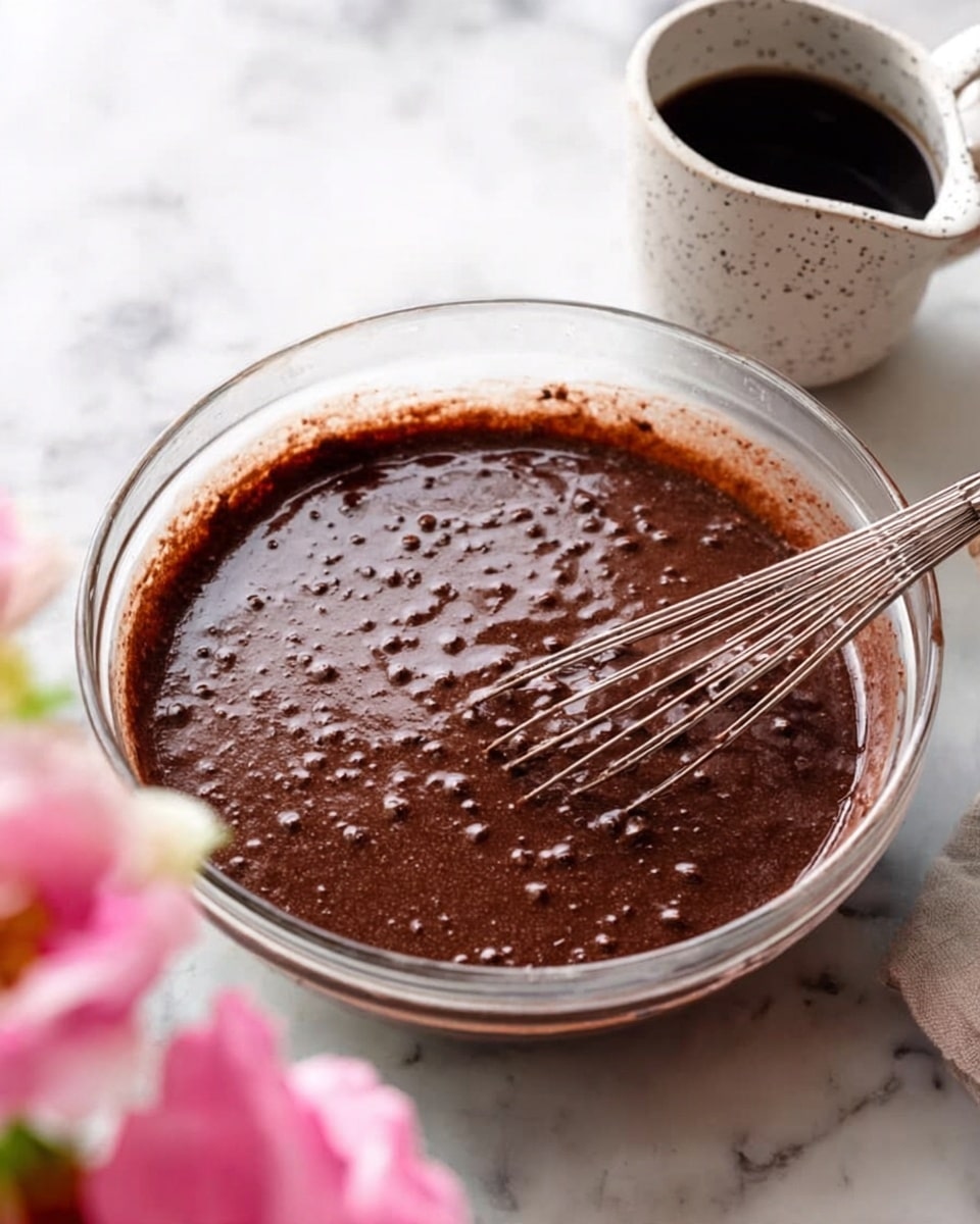 A clear glass bowl filled with thick, dark brown chocolate batter, gently textured and lively with small bubbles on the surface, sits on a white marbled surface. A metal whisk with a silver handle is partially dipped into the batter on the right side of the bowl. In the background, there is a small white speckled pitcher filled with dark liquid, placed on the same white marbled surface. Soft pink and white flowers are blurred in the front left corner, adding a gentle color contrast. photo taken with an iphone --ar 4:5 --v 7