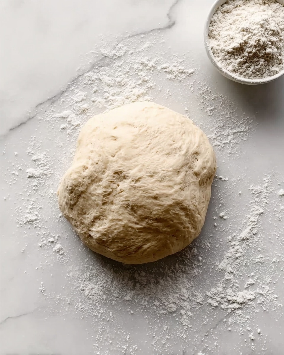 A single large ball of light beige dough with a slightly rough texture sits in the center on a white marbled surface, sprinkled with a little white flour around its base, and in the top right corner is a small white bowl filled with white flour. Photo taken with an iphone --ar 4:5 --v 7