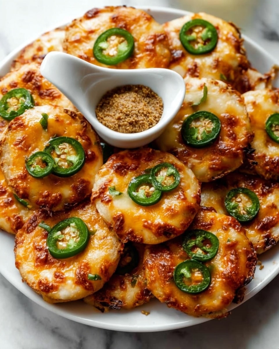 A white plate filled with small, round snacks topped with melted orange cheese and thin green jalapeño slices. Each round base looks golden brown and slightly crispy around the edges, creating a textured contrast with the smooth, melted cheese layer above it. The jalapeño slices are scattered evenly on top, adding a fresh green touch. At the top center of the plate, there is a small white spoon-shaped bowl filled with whole grain mustard showing a rough, grainy texture. The plate is set on a white marbled surface, making the colors of the food stand out. Photo taken with an iphone --ar 4:5 --v 7