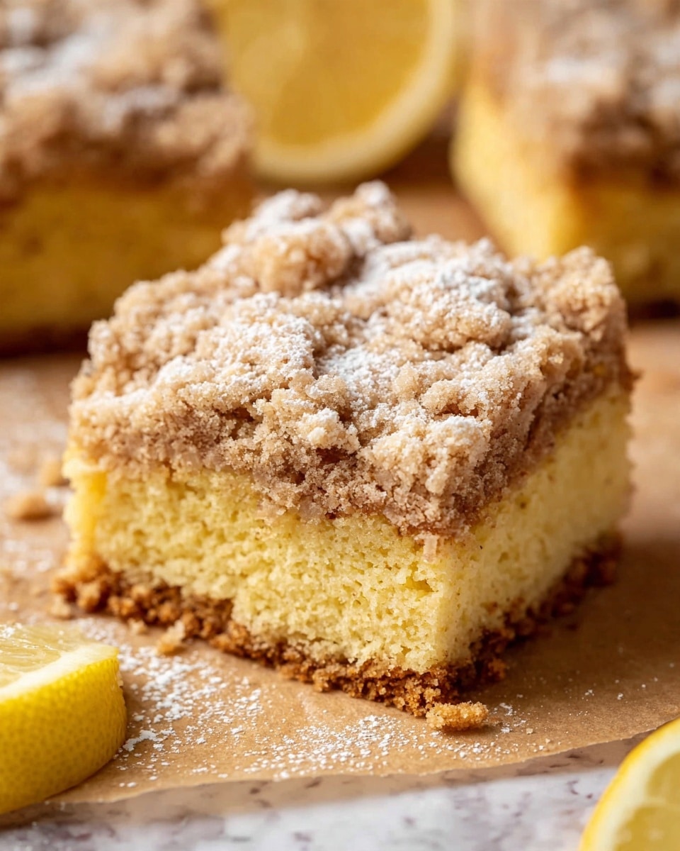 A close-up view of a square piece of lemon crumb cake placed on light brown parchment paper over a white marbled surface. The cake has two layers: the bottom layer is a dense, moist yellow cake with a soft texture, and the top layer is a thick crumbly streusel topping in light brown, dusted with powdered sugar. Around the cake piece, there are small crumbs and a slice of lemon is partially visible at the bottom right corner. In the background, parts of other crumb cake pieces and a half lemon are softly blurred. photo taken with an iphone --ar 4:5 --v 7