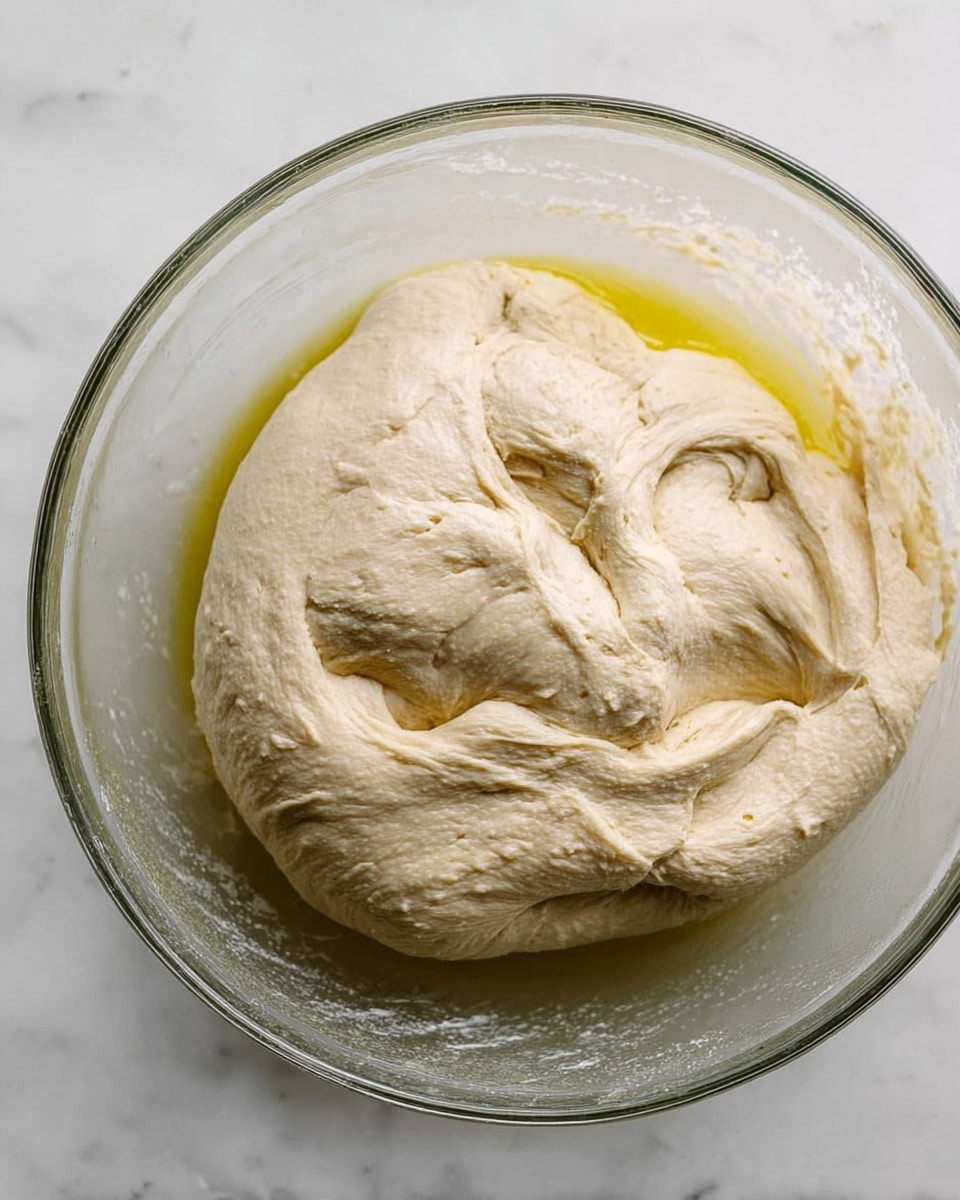 A clear glass bowl filled with a thick, light beige dough resting inside. The dough has a smooth, slightly wrinkled texture and looks soft and elastic. There is a thin layer of yellowish oil around the dough inside the bowl. The bowl sits on a white marbled surface, adding a clean, bright background to the scene. Photo taken with an iphone --ar 4:5 --v 7