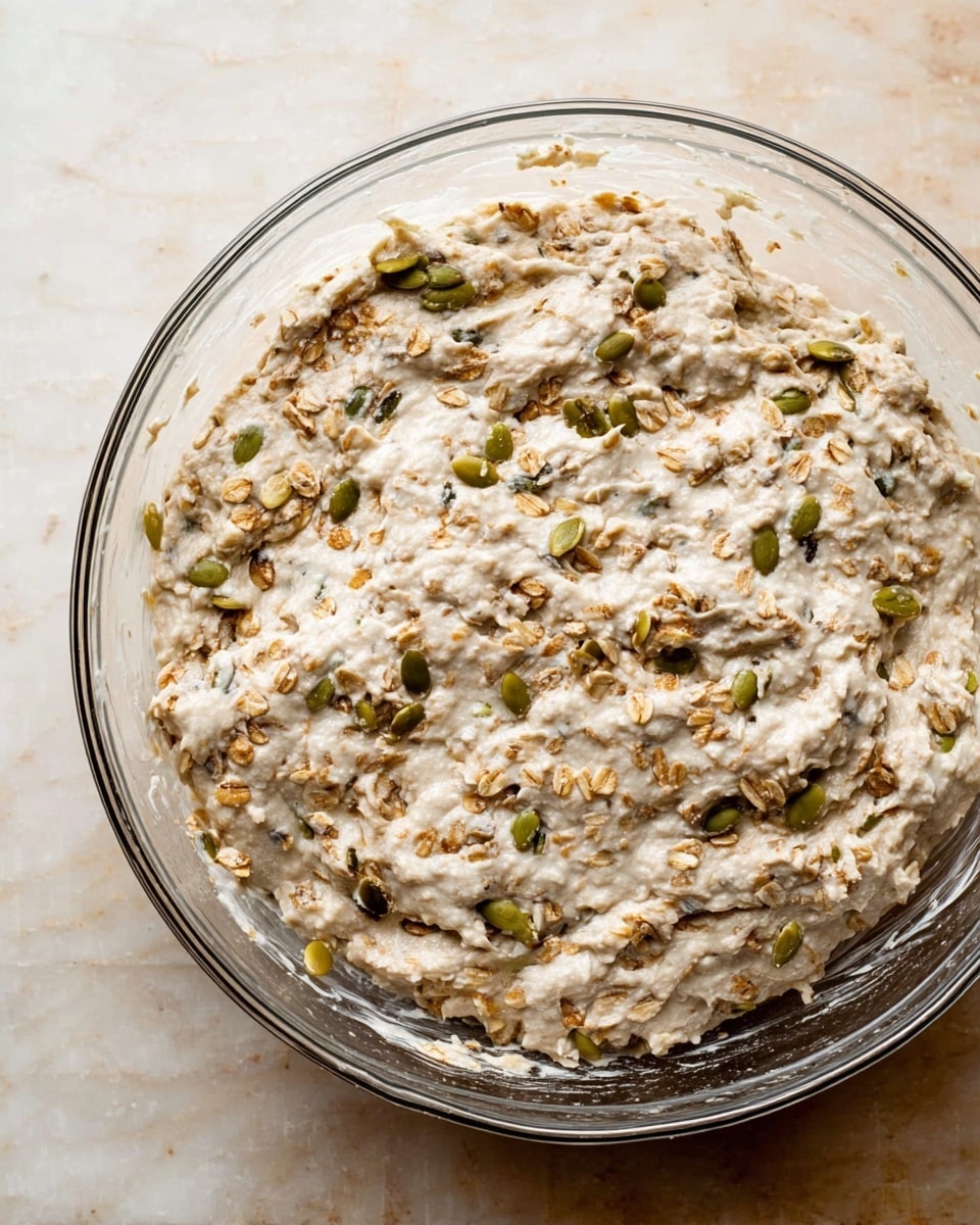 A clear glass bowl filled with a thick, lumpy dough mixture that has a white base color with light brown oats and green pumpkin seeds scattered throughout. The dough looks soft and sticky, with small air bubbles visible on the surface. The bowl sits on a white marbled surface. photo taken with an iphone --ar 4:5 --v 7