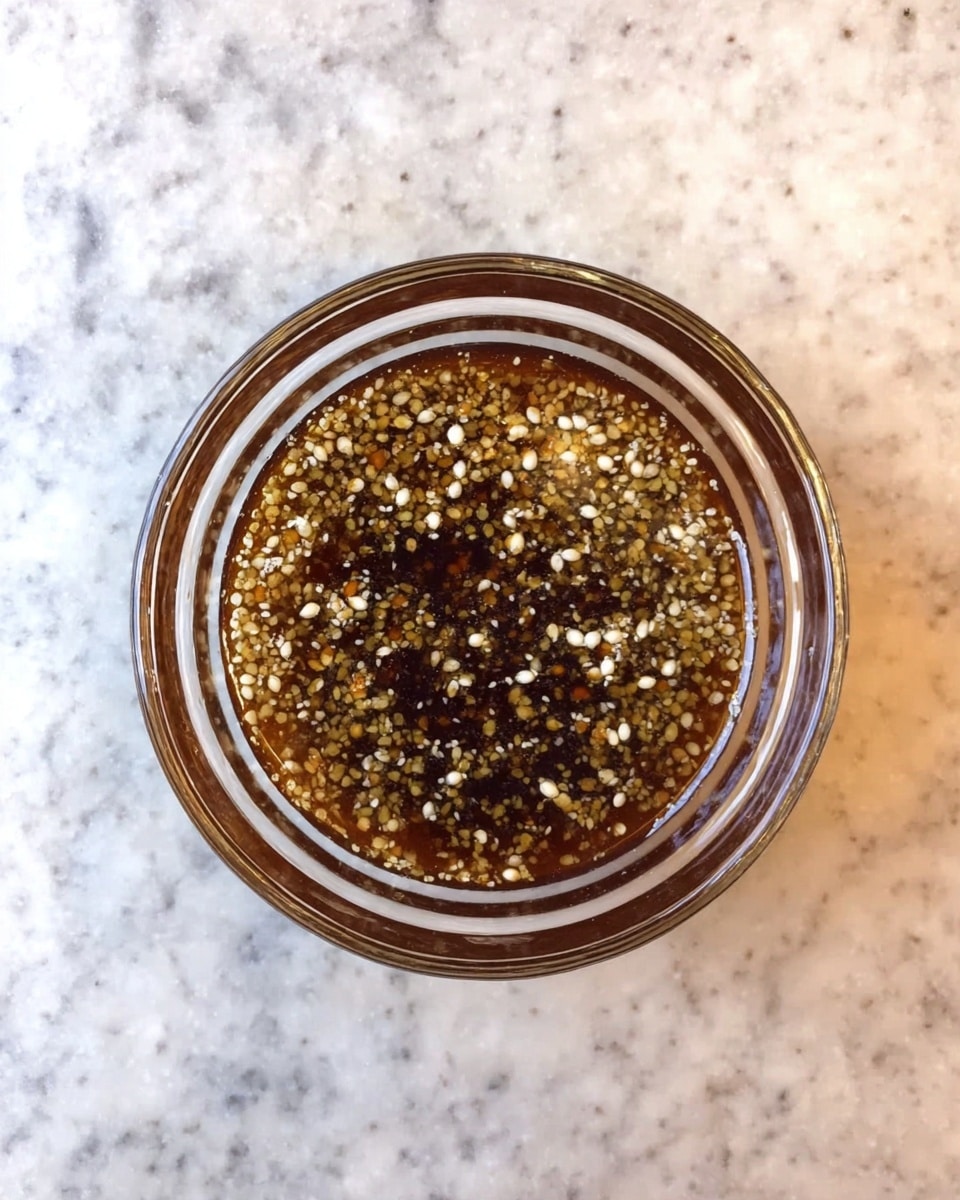 A clear glass bowl filled with a dark brown sauce that has many small white and light tan seeds floating in it, creating a speckled texture on the surface. The bowl is placed on a white marbled surface that adds a clean and bright background contrast to the sauce inside. photo taken with an iphone --ar 4:5 --v 7