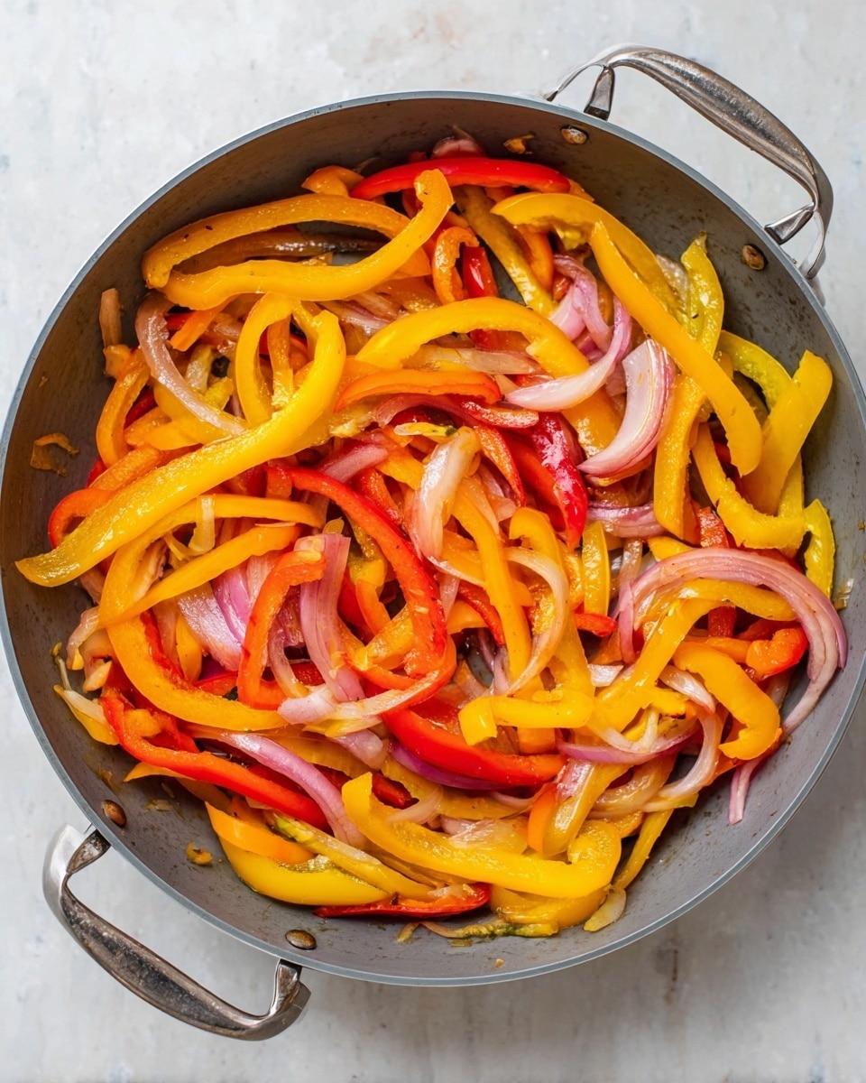 A round grey pan filled with thin slices of cooked bell peppers and onions. The bell peppers have three main colors: bright yellow, vibrant orange, and red, all mixed evenly. The onions are light pink and sliced into thin rings scattered among the peppers. The vegetables have a slightly shiny texture showing they are cooked and soft. The pan has two metal handles on each side and is placed on a white marbled surface. photo taken with an iphone --ar 4:5 --v 7
