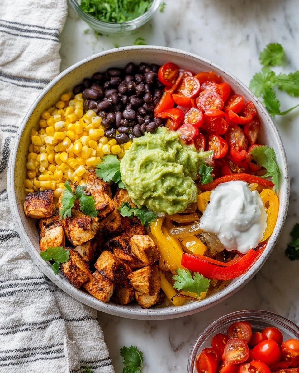 A white bowl filled with six distinct layers arranged side by side: bright yellow corn kernels at the top left, shiny red cherry tomatoes cut in halves at the top right, dark black beans right below the tomatoes, a dollop of white sour cream on the right edge, cooked sliced yellow and red bell peppers mixed with onions below the sour cream, and golden-brown grilled chicken pieces on the bottom left. A generous scoop of green guacamole sits above the chicken and corn layers. Fresh green cilantro leaves are scattered on top of the ingredients. The bowl rests on a white marbled surface with a striped cloth partially visible to the left and a small clear bowl filled with more cherry tomatoes to the bottom right. Photo taken with an iphone --ar 4:5 --v 7