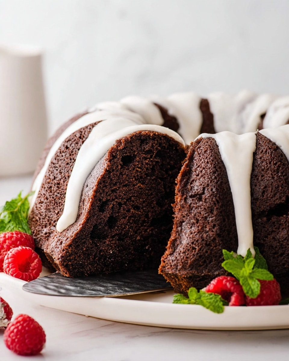 A dark brown Bundt cake with a thick texture is shown with a slice being lifted by a metal spatula on a white plate. The cake is topped with a smooth white glaze that drips down the sides in several thick streams. Fresh red raspberries and green mint leaves are placed near the base of the cake on the white plate. The background is a clean white marbled texture. photo taken with an iphone --ar 4:5 --v 7