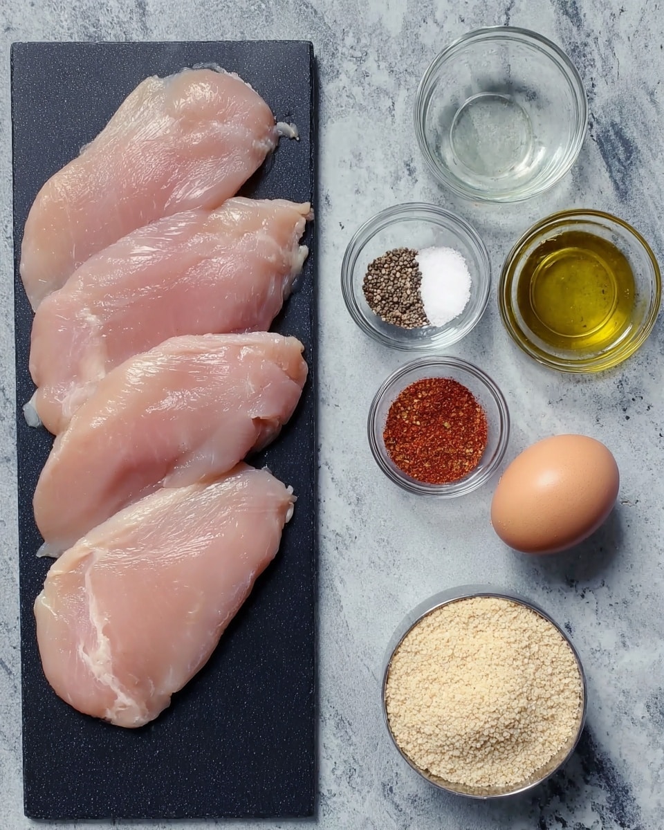 The image shows four thin raw chicken slices placed in a slightly overlapping way on a black board on the left side. On the right side, on a white marbled surface, there are five small clear glass bowls and one brown egg. From top to bottom, the bowls contain white salt and black pepper, clear oil, a mix of reddish and beige spices, and a metal measuring cup filled with light beige panko breadcrumbs. The egg is placed near the upper right corner. The arrangement is neat and evenly spaced, photo taken with an iphone --ar 4:5 --v 7