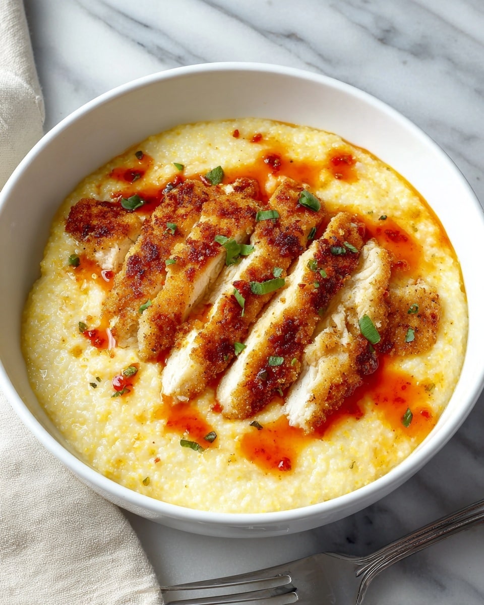 In a white bowl, there is a creamy, pale yellow layer of soft grits that fills the bottom. On top lies a sliced, golden brown crispy chicken layer, arranged neatly in strips across the grits. A drizzle of reddish-orange sauce with small bits adds a pop of color and gloss over the chicken. Small green herb pieces are scattered on the chicken for garnish. The bowl sits on a white marbled surface with a fork placed nearby. Photo taken with an iphone --ar 4:5 --v 7