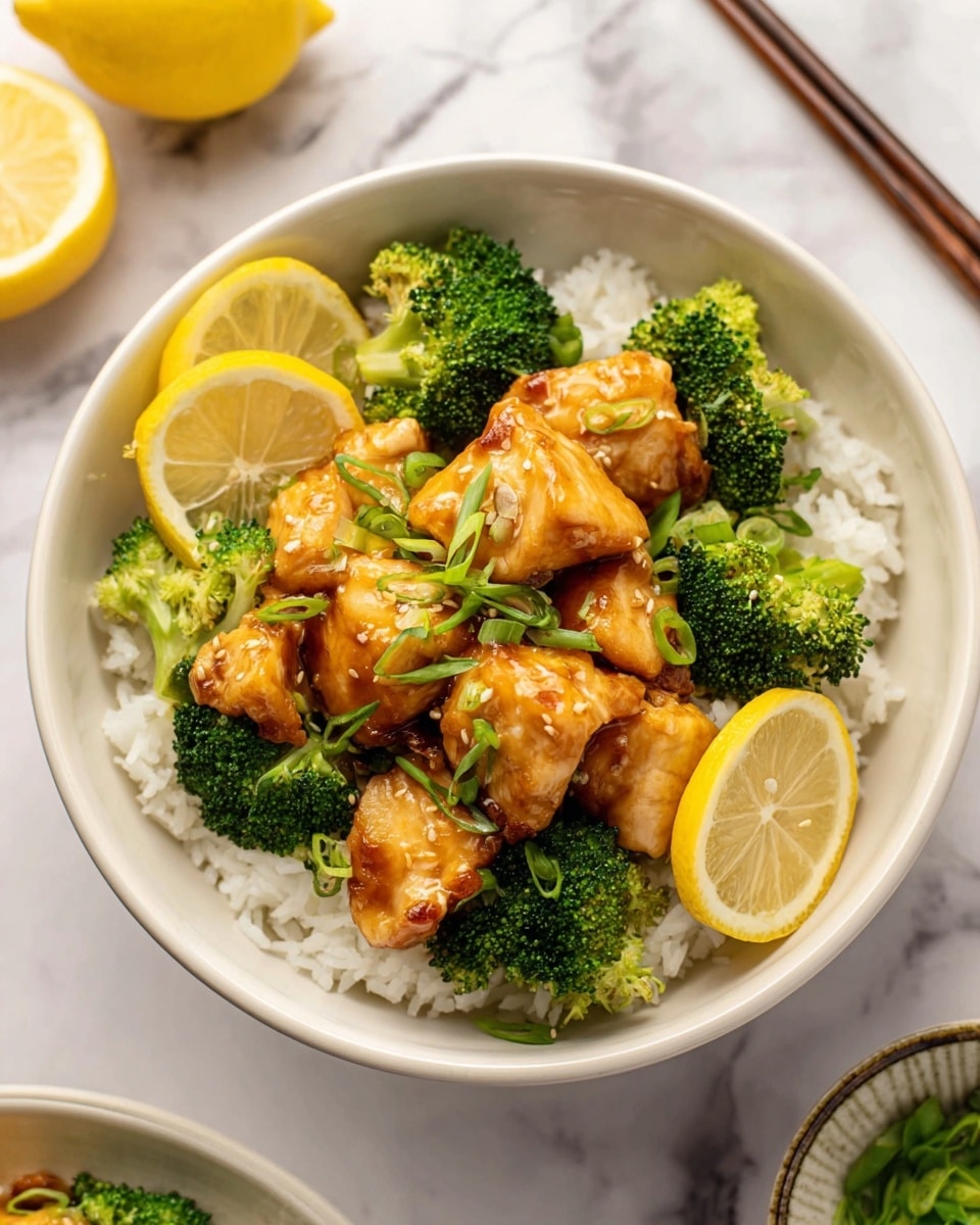 A white bowl filled with a base layer of white rice, topped with bright green broccoli florets arranged around the edges, and glazed golden-brown glazed chicken pieces placed in the center. Thin, bright yellow lemon slices are scattered on top of the chicken and broccoli. Small green onion pieces are sprinkled over the chicken, adding a fresh touch. The background is a white marbled surface with some chopsticks and a small dish partly seen at the bottom right. photo taken with an iphone --ar 4:5 --v 7