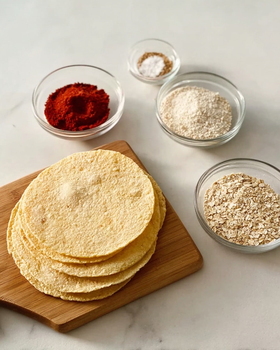 The image shows five round, pale yellow corn tortillas stacked on a small wooden board placed on a white marbled surface. Surrounding the tortillas are three small clear glass bowls, each containing different ingredients: one with a bright red powder mixed with white salt, another with off-white dry oats or grains, and the third with two small pinches of beige-colored seasonings. The scene is neatly arranged with a soft natural light highlighting the textures and colors. Photo taken with an iphone --ar 4:5 --v 7