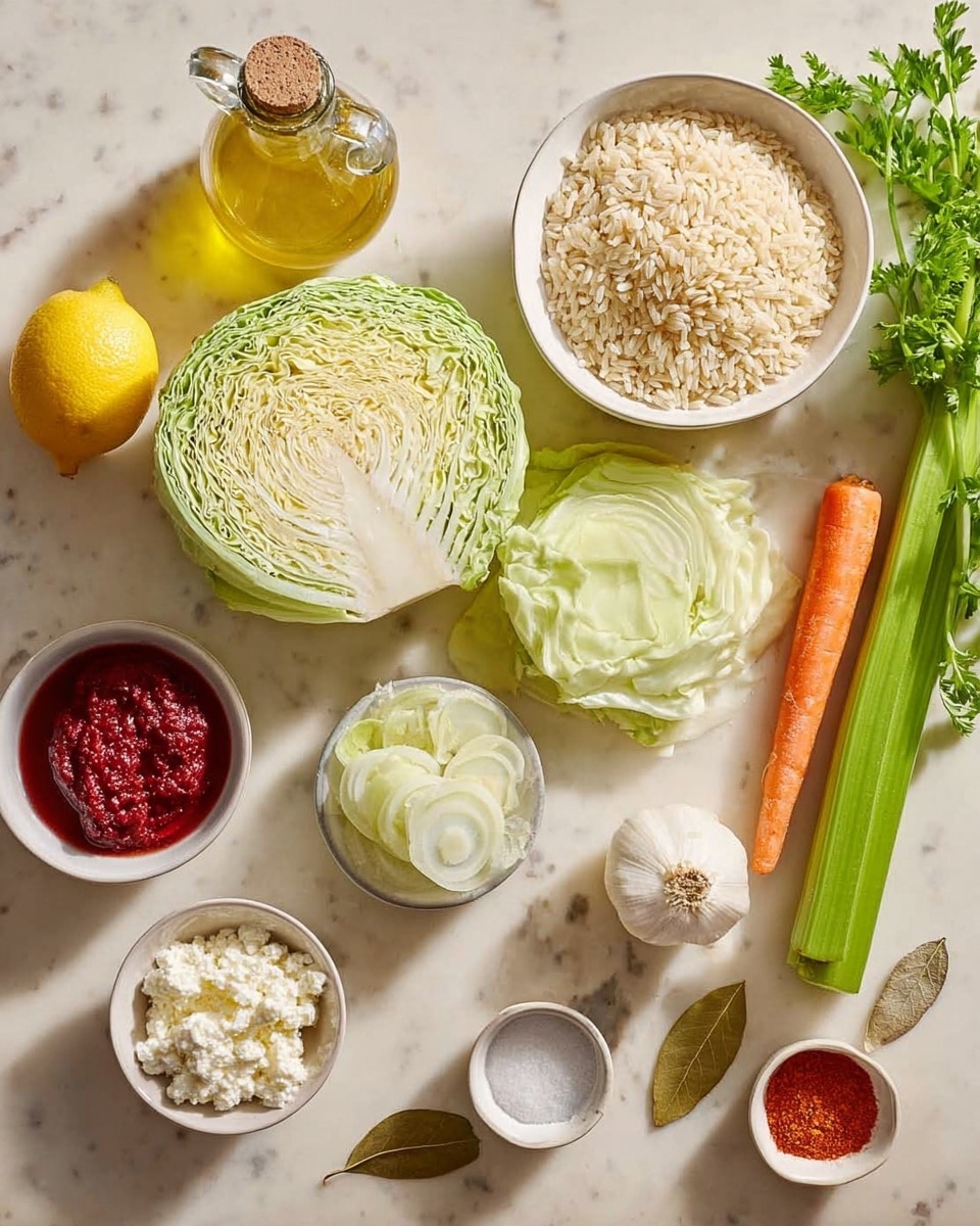 A collection of fresh ingredients laid out on a white marbled surface includes a whole cabbage with one half cut to show its pale green, layered interior. To the right of the cabbage, a bright orange carrot and a fresh green celery stalk lie side by side. Above them, a white bowl is filled with light brown rice grains, and next to it is a white bowl holding round, thin slices of leek. Near the center bottom, a small white bowl contains white crumbly cheese. On the left side, a small white bowl holds a smooth, deep red paste. Two peeled garlic cloves and a bunch of fresh green parsley rest near the cabbage, while a yellow lemon sits at the lower left corner. A clear glass bottle filled with golden olive oil is positioned to the top left, and to the far right, a white onion lays on the marbled surface. Several small white round bowls near the onion contain salt, black pepper, and bright red powder, and two dried bay leaves are placed near the cabbage. photo taken with an iphone --ar 4:5 --v 7