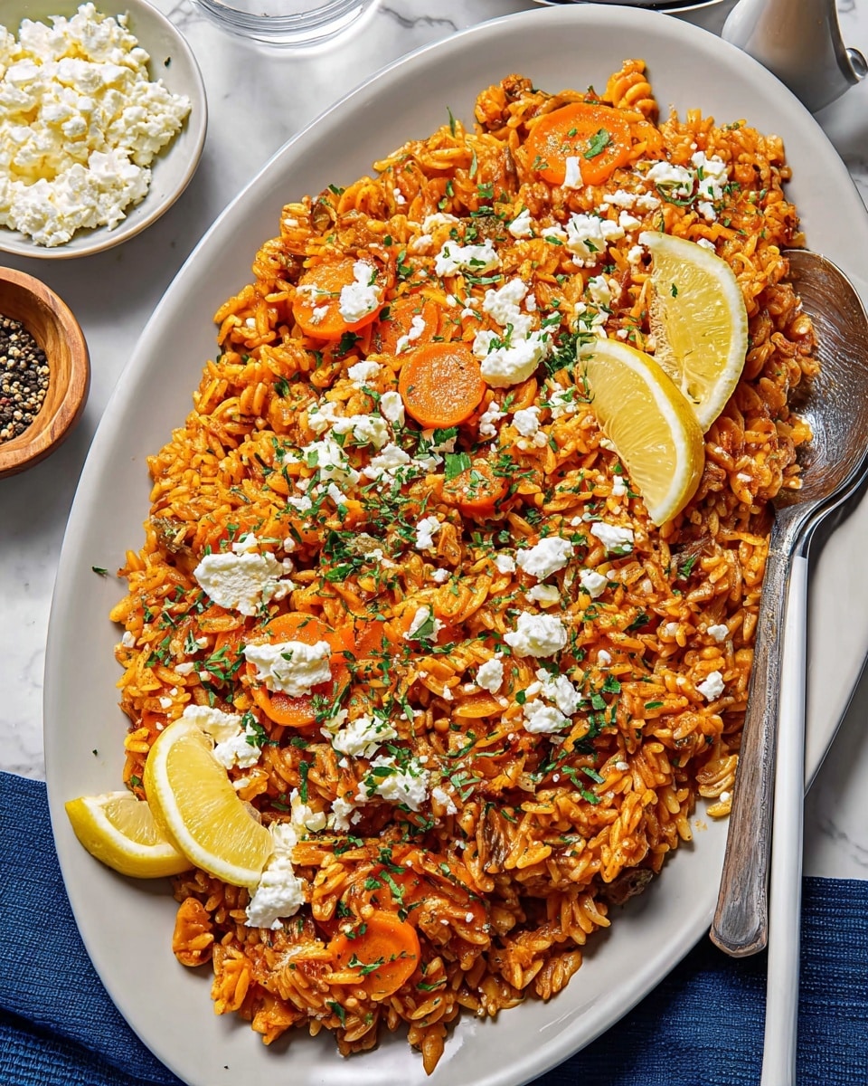 The dish shows a large, oval white plate filled with a layered mix of orange-red cooked rice and spiral pasta. The pasta and rice are mixed together and topped with white crumbled cheese scattered all over. Thin, round orange carrot slices are mixed within the dish. Green chopped herbs are sprinkled on top for a fresh look. There are three lemon wedges placed on top and at the sides. A silver spoon with a white handle is resting on the right edge of the plate. In the corner, there is a small white bowl with white cheese and a small wooden bowl with black pepper. The whole scene is set on a white marbled surface. Photo taken with an iphone --ar 4:5 --v 7