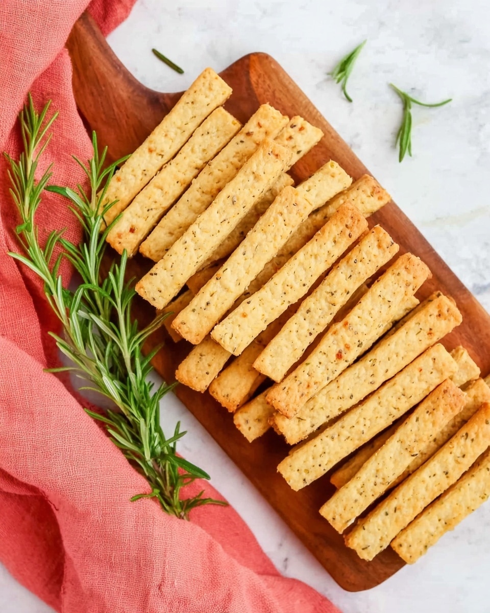 The image shows a wooden board placed on a white marbled surface, filled with rectangular golden-brown breadsticks arranged neatly in several rows. The breadsticks have a slightly rough texture with visible small seeds and herbs embedded on the crust. A sprig of fresh rosemary with green needle-like leaves lies on the board beside the breadsticks. A coral pink cloth is softly folded and placed on the white marbled surface near the board. photo taken with an iphone --ar 4:5 --v 7