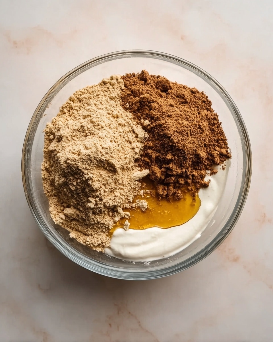 A clear glass bowl sits on a white marbled surface, filled with four visible layers: a smooth white creamy base at the bottom, a bright golden honey layer spreading over part of the cream, a large mound of light brown powder on the left side, and a smaller pile of darker brown powder stacked on the right side. The powders have a dry, slightly crumbly texture, and the honey has a glossy shine as it pools beside the powders, contrasting with the matte powders beneath it. Photo taken with an iphone --ar 4:5 --v 7