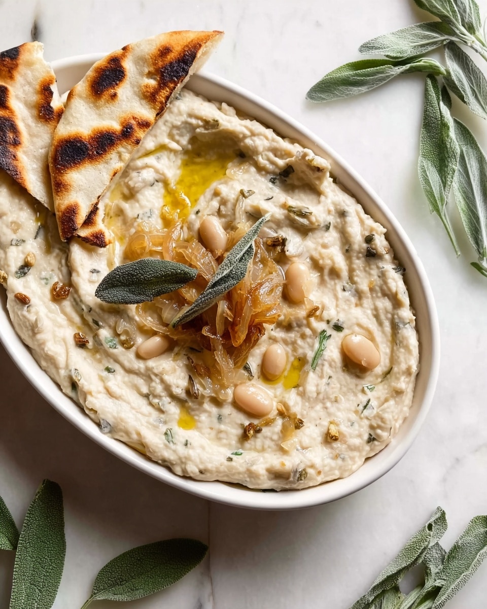 The image shows a white oval dish filled with a creamy, light beige spread with a thick texture. The spread has a smooth, slightly chunky surface with small visible herbs mixed in. On top, in the center, there are golden-brown caramelized onions, a drizzle of olive oil giving a shiny light yellow color, some whole pale beige beans, and a few dark green sage leaves. Two pieces of grilled flatbread with browned, slightly charred spots lean gently into the spread from opposite sides. The dish is placed on a white marbled surface with fresh sage leaves around it, creating a natural and fresh setting. Photo taken with an iphone --ar 4:5 --v 7
