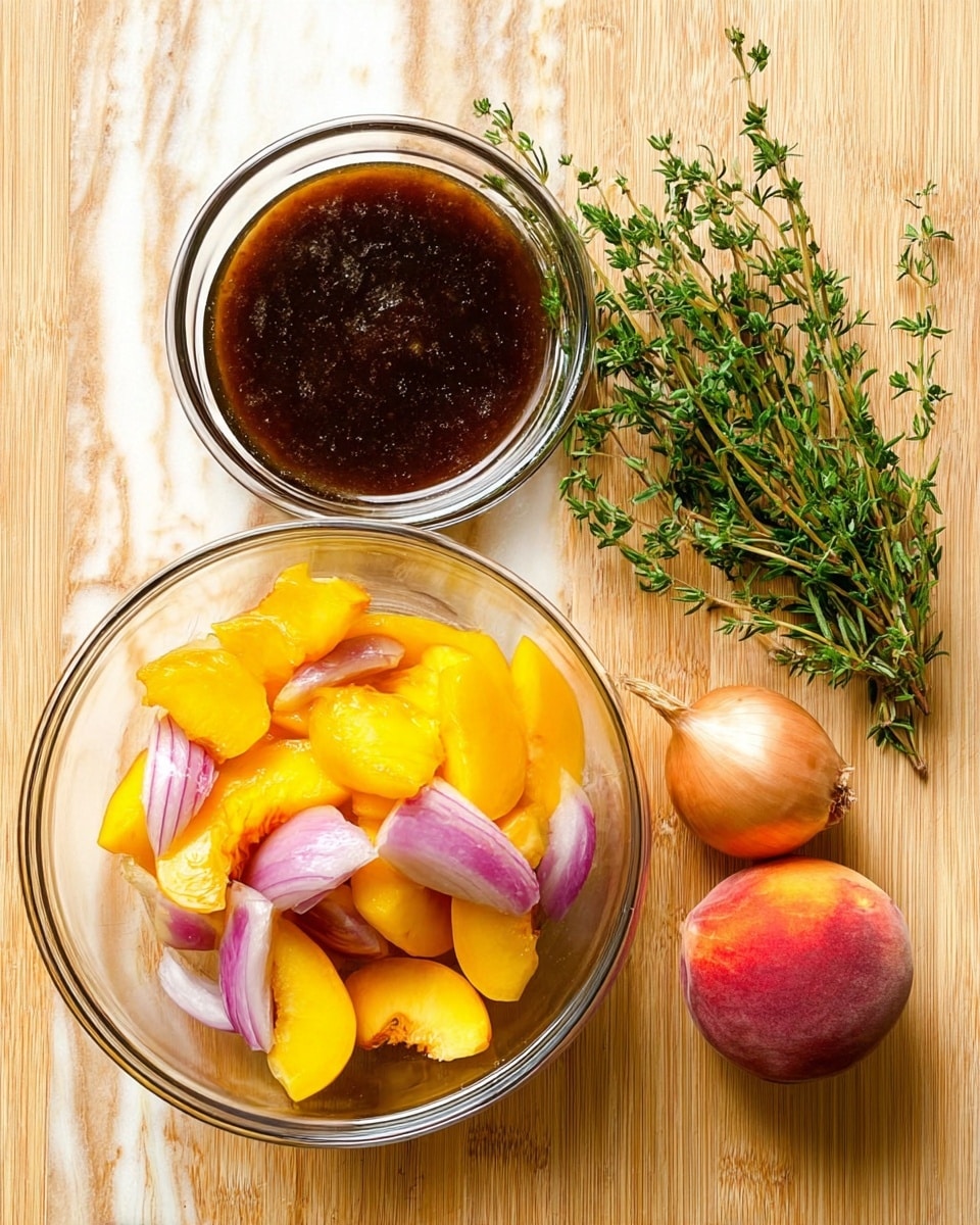 A clear glass bowl sits in the center filled with yellow-orange peach slices mixed with thick, pale purple onion wedges, showing a rough texture and bright colors. Above the bowl is another clear glass bowl containing a dark brown liquid that looks sticky and smooth. To the right of the bowls, fresh green sprigs of thyme and gray-green rosemary rest beside a small whole light brown shallot and one whole round peach with a soft red and yellow skin. All items are placed on a wooden surface with a white marbled texture. photo taken with an iphone --ar 4:5 --v 7