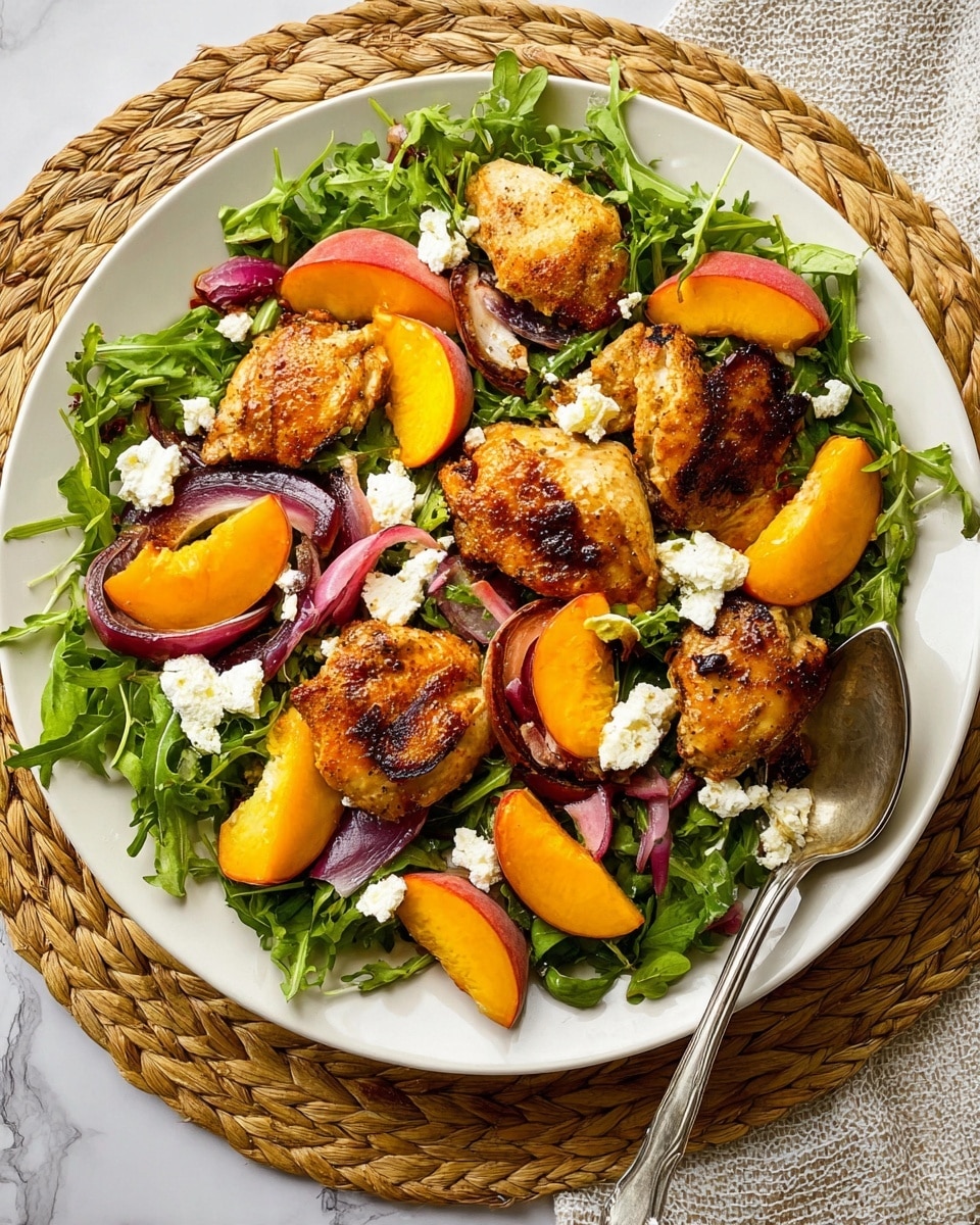 A white plate holds a fresh green bed of arugula leaves as the base layer. On top, there are five golden brown grilled chicken pieces with a crispy texture. Scattered around and on the chicken are bright orange peach slices and wedges of soft purple-red onions. Small white dollops of soft cheese are spread evenly over the dish. A silver spoon rests on the right side of the plate. The plate is placed on a woven mat, with a white marbled surface underneath. photo taken with an iphone --ar 4:5 --v 7