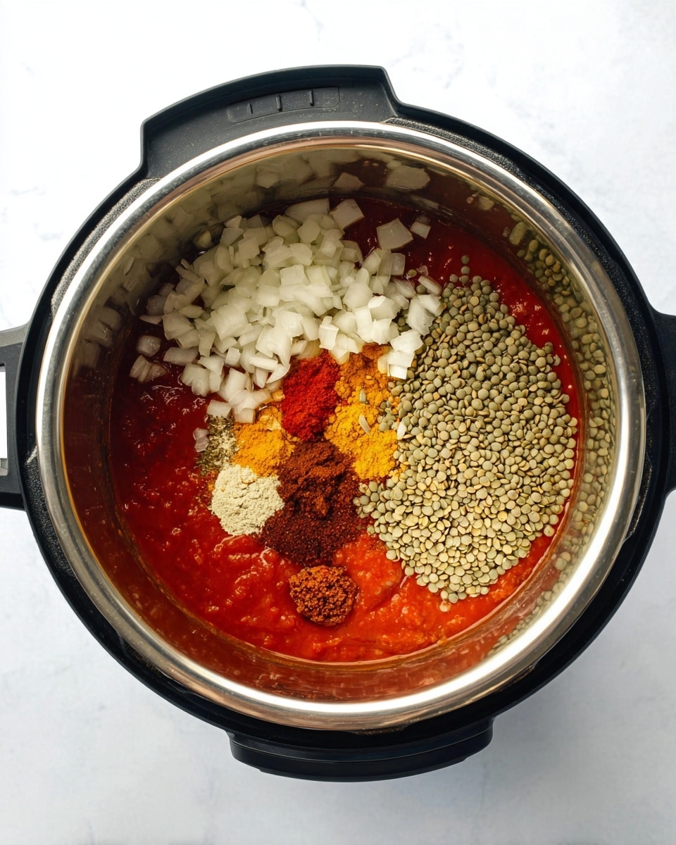 Inside a black electric pot with a shiny metal inner pot, there are several raw ingredients arranged neatly on a white marbled surface. The bottom layer is a smooth, bright red tomato sauce that fills about half of the pot. On the right side, there is a large pile of light green lentils with a slightly rough texture. On the top left is a heap of small, chopped white onions, soft and fresh in look. Near the lower left side, there are small piles of vibrant yellow turmeric powder, bright orange powder, and deep brown spices. In the center, there is a small amount of pale yellow minced garlic and a slightly darker red spicy paste forming a separate small mound. The layers and colors create a clear, fresh mix inside the pot ready for cooking. photo taken with an iphone --ar 4:5 --v 7
