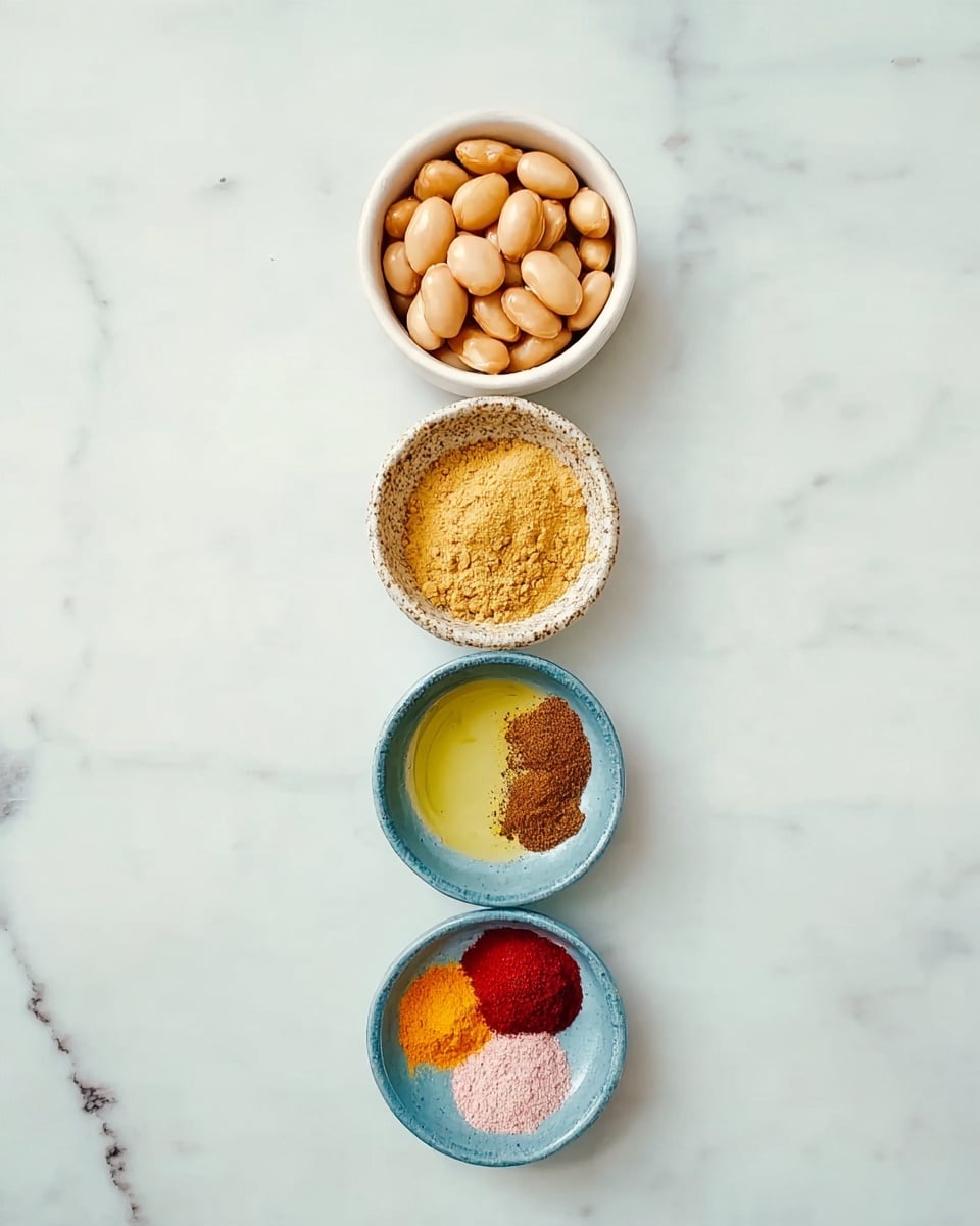 Four small white bowls are placed vertically on a white marbled surface. The top bowl holds light brown beans with a smooth texture. Below it, the second bowl contains fine golden brown powder. The third bowl has a clear pale yellow liquid with a shiny surface. The bottom bowl shows five different spices arranged in small piles: bright orange powder, light pink powder, reddish powder, beige powder, and a dark brown powder, all on a light blue bowl, creating a colorful mix. Photo taken with an iphone --ar 4:5 --v 7