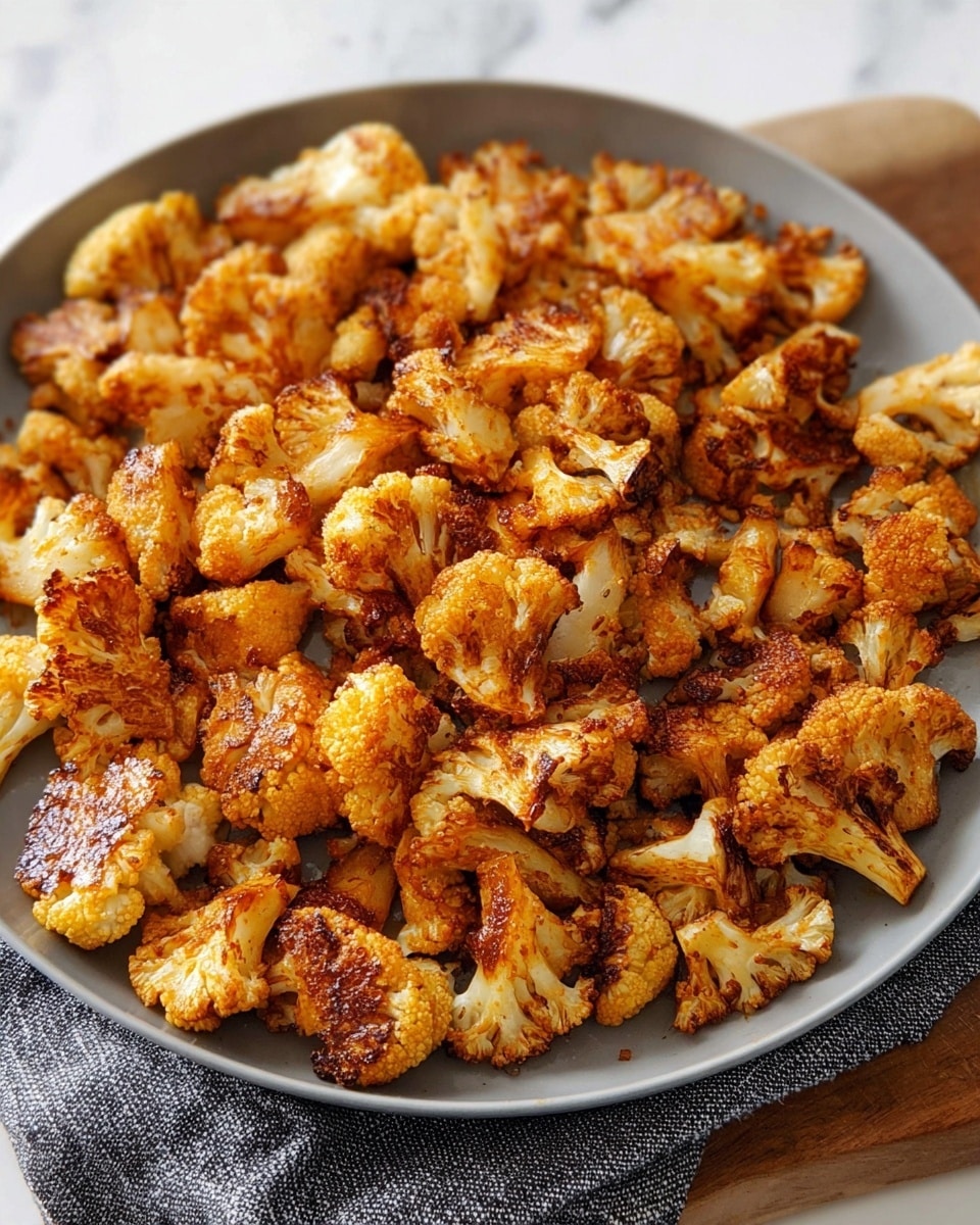 A close-up view of a single layer of small, uneven pieces of roasted cauliflower with a golden-brown, slightly crispy texture. The cauliflower pieces show some darker brown spots from roasting, giving a mix of light and deep orange-brown shades. They are spread across a flat white plate, which rests on a gray cloth over a wooden board. The background is a white marbled surface. photo taken with an iphone --ar 4:5 --v 7