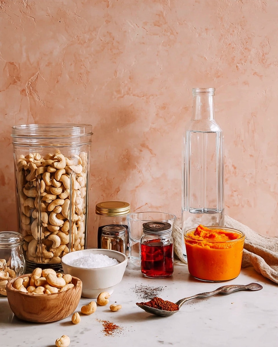 The image shows several ingredients arranged on a white marbled surface with a soft pink marbled wall behind. On the left is a large clear glass jar filled with light brown cashew nuts, with some nuts spilled beside it. Next to the jar is a small wooden bowl holding more cashews. In front of the jar is a small white bowl filled with coarse white salt. To its right is a tiny glass jar with a dark brown spice and a metal lid. Next to it is a small clear jar with red liquid, and behind these jars is a tall glass bottle filled with clear water. On the right side is a white bowl filled with bright orange pumpkin puree placed inside a tall clear blender cup. In the front is a silver spoon holding a dark brown spice with some spilled on the surface. The colors are warm and natural with a cozy feel. photo taken with an iphone --ar 4:5 --v 7