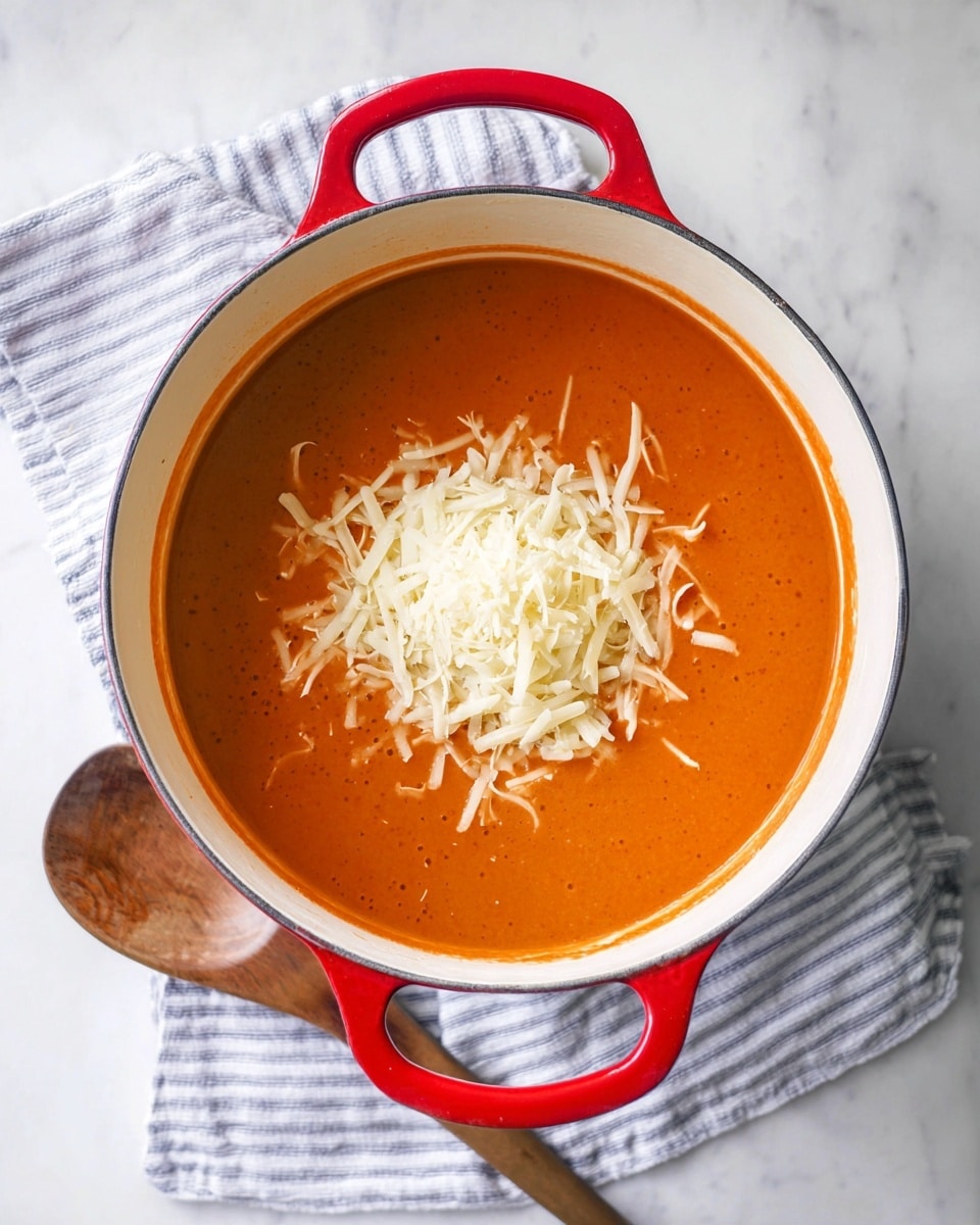 A red pot with white inside holds a smooth, thick layer of orange tomato soup, topped with a mound of shredded white cheese in the center. The pot sits on a white surface with a light blue and white striped cloth underneath. A wooden spoon rests beside the pot on the same white marbled surface. The cheese appears fresh and slightly soft, contrasting with the bright, creamy texture of the soup below. Photo taken with an iphone --ar 4:5 --v 7