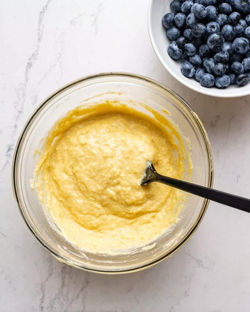 A clear glass bowl with a thick, pale yellow batter inside sits on a white marbled surface. A black spoon rests in the bowl, partially covered with the batter, showing its smooth and slightly lumpy texture. To the top right of the bowl, there is a white bowl filled with fresh, dark blue blueberries. The image has a simple and clean look, focusing on the mixing process. photo taken with an iphone --ar 4:5 --v 7